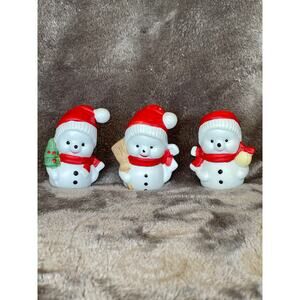 Christmas Snowman Salt & Pepper Shakers & Toothpick Holder 2" Santa Hat Red Vtg